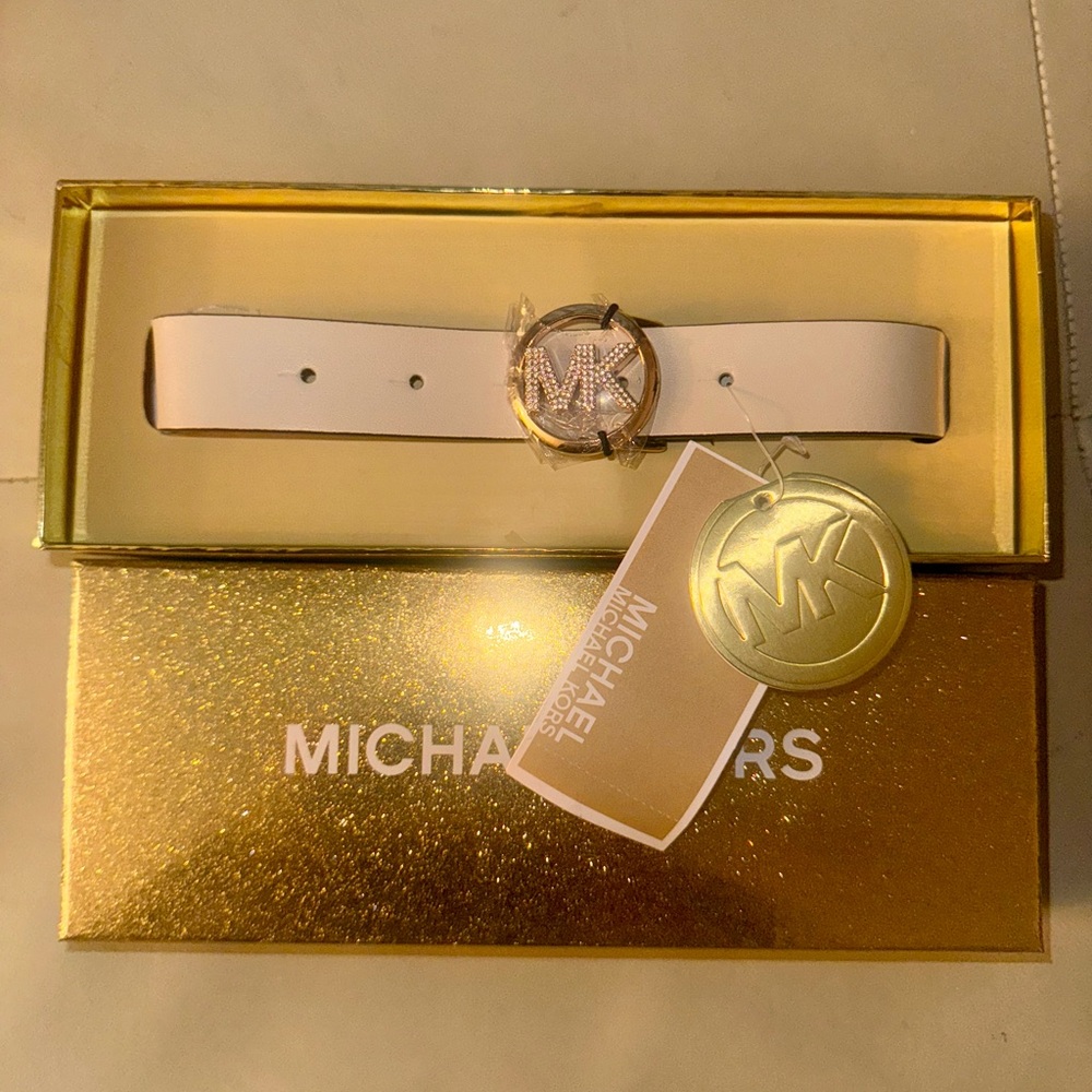 Michael Kors White Leather Belt with MK Logo